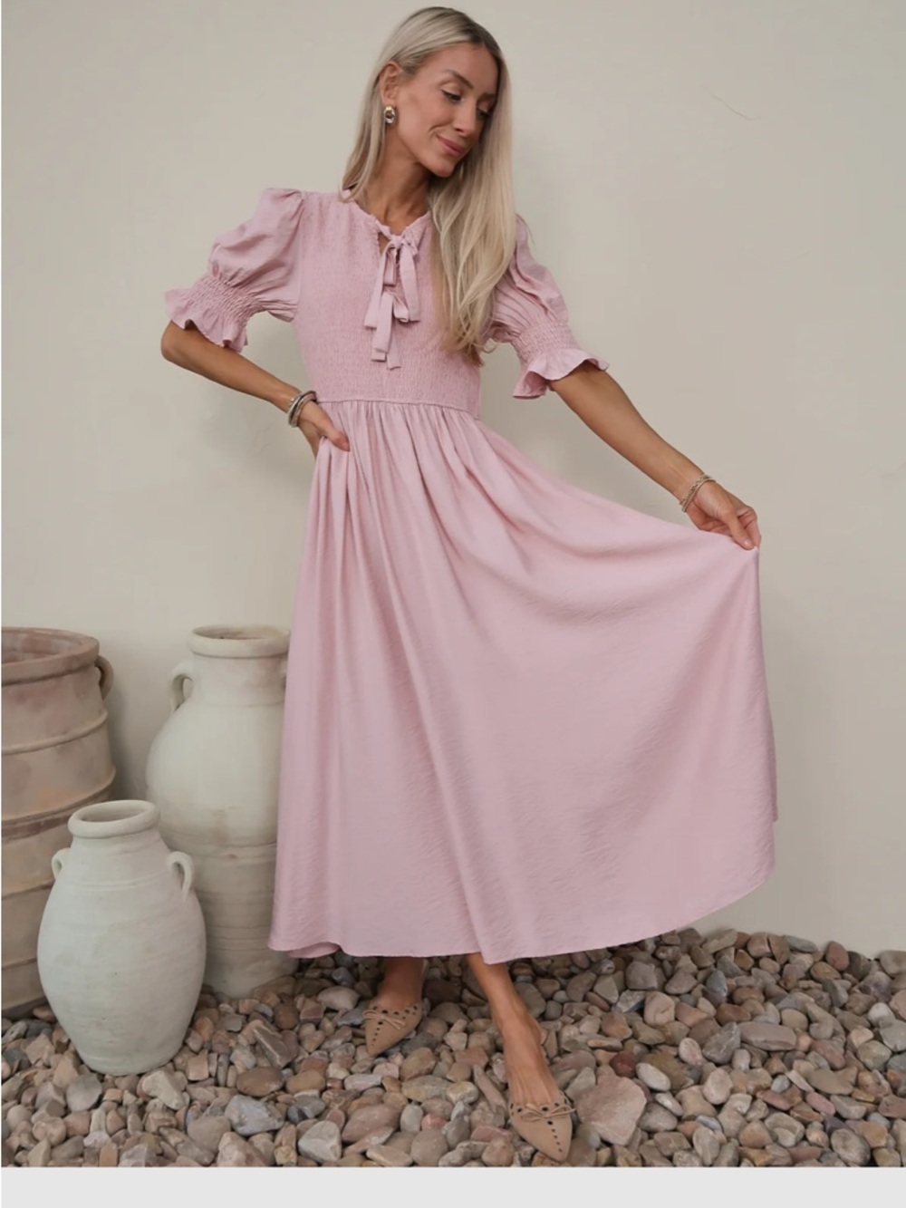 Shop Stevie Blush Smocked Midi Dress with Tie Neck